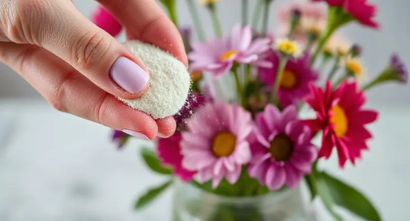 Hand adding flower food to vase water to keep flowers fresh longer