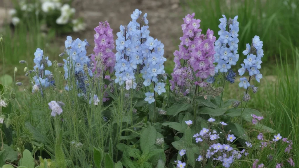 Relay planting in a flower bed with larkspur and forget-me-nots growing together