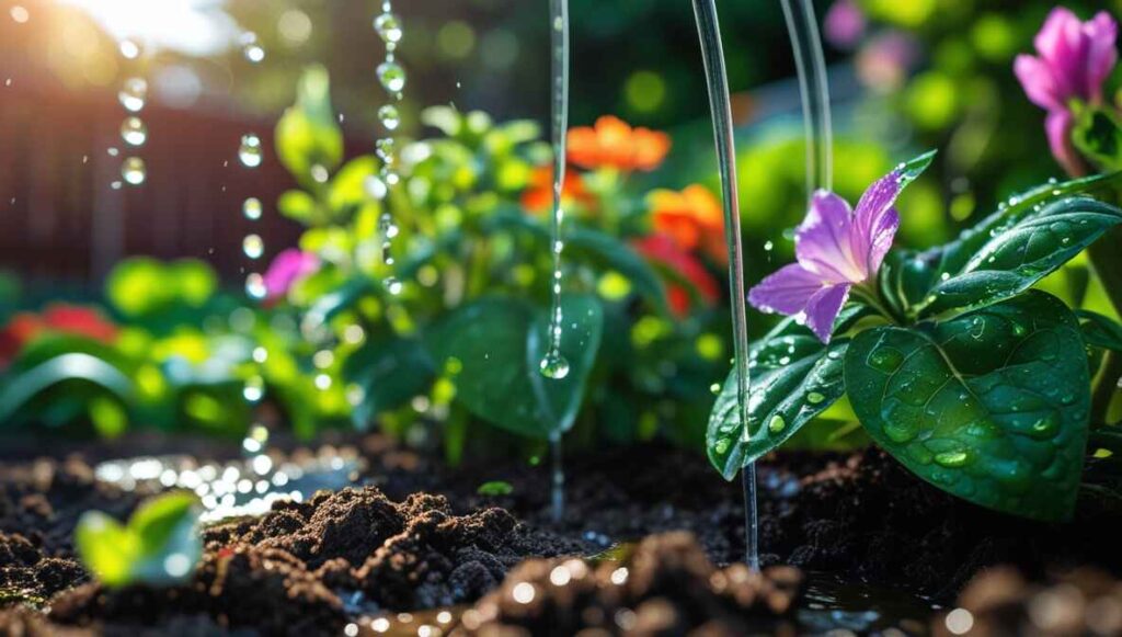 Drip irrigation watering blooming flowers in a backyard garden for efficient plant care.