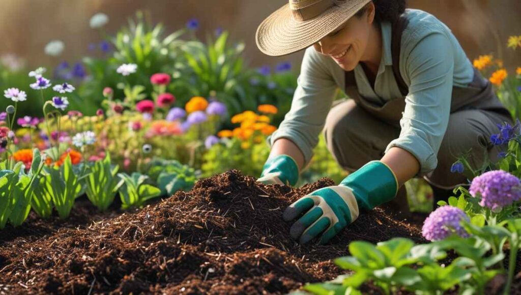 “Gardener adding compost and mulch to a no-till flower bed for healthier soil and blooms.”