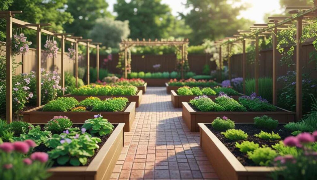 Compact backyard flower garden layout with raised beds, trellises, and organized pathways.