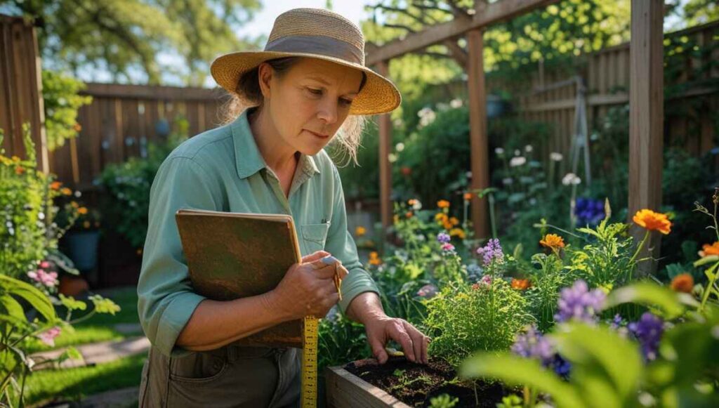 Gardener evaluating sunlight and measuring space in a small backyard for a flower garden.