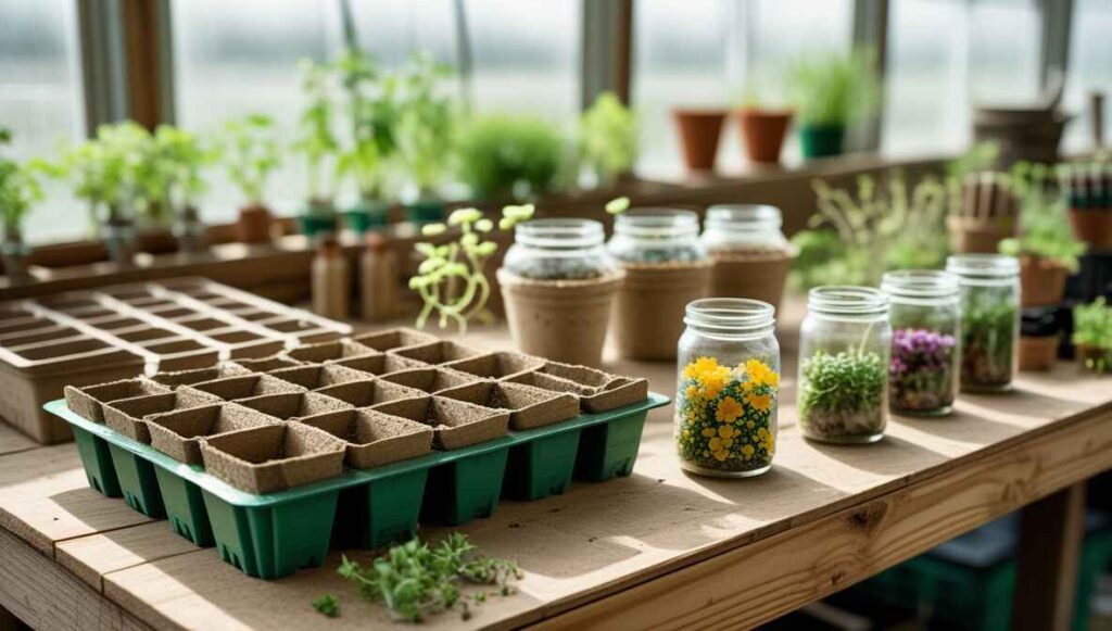 Eco-friendly flower farming tools including reusable trays and biodegradable pots for plastic-free growing.”
