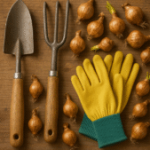 Essential gardening tools and daffodil bulbs ready for transplanting”